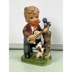 Vintage Wales Guitar Boy Figurine Folk Singer Dog Bird Made In Japan